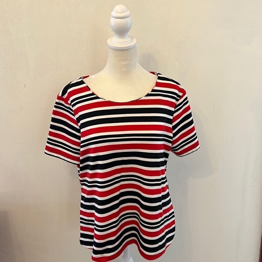 Jules & Leopold red white black striped short sleeve blouse Size L